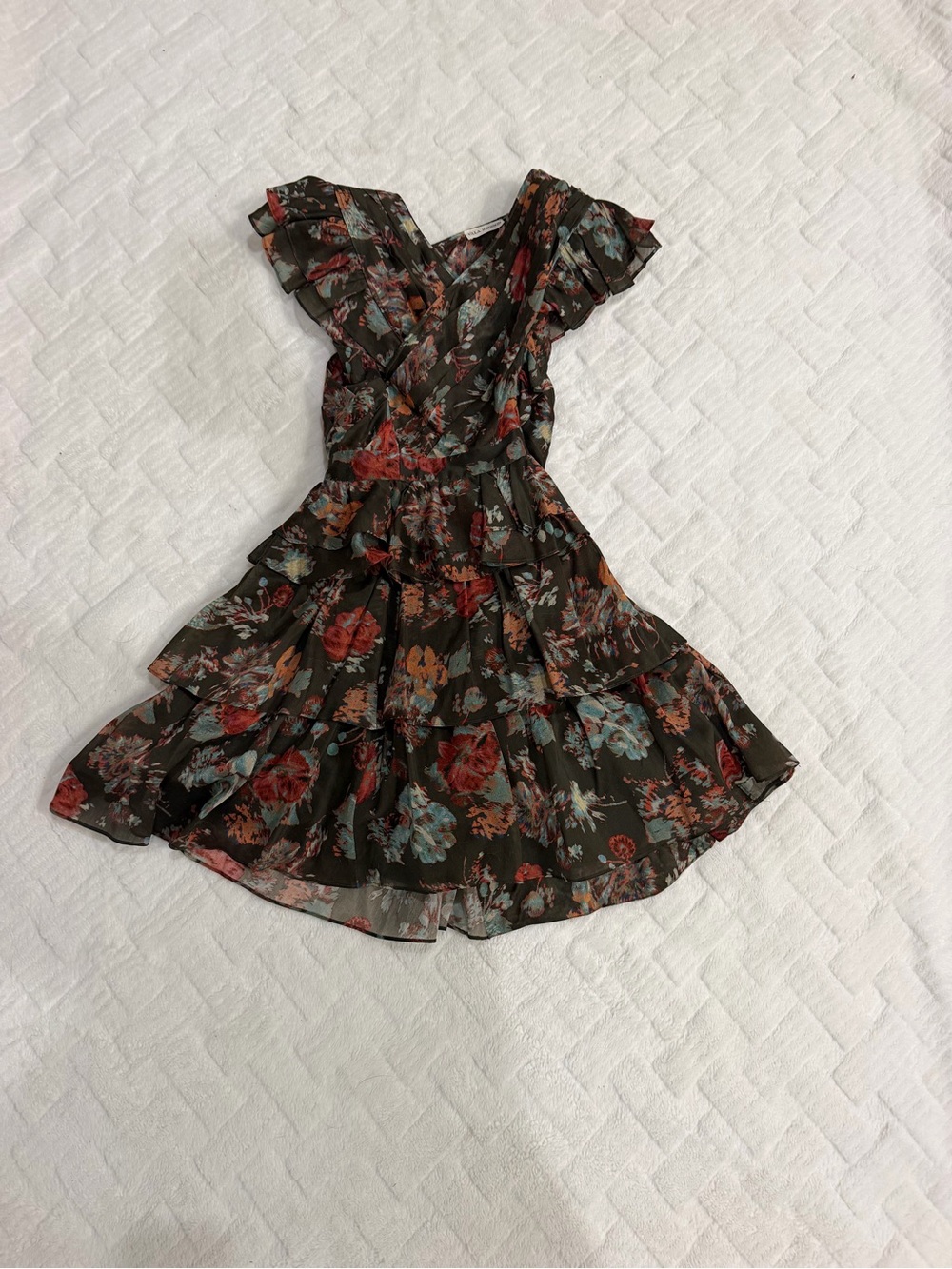 Ulla Johnson Olive Floral Ruffle Mini Dress with Red & Blue Blooms